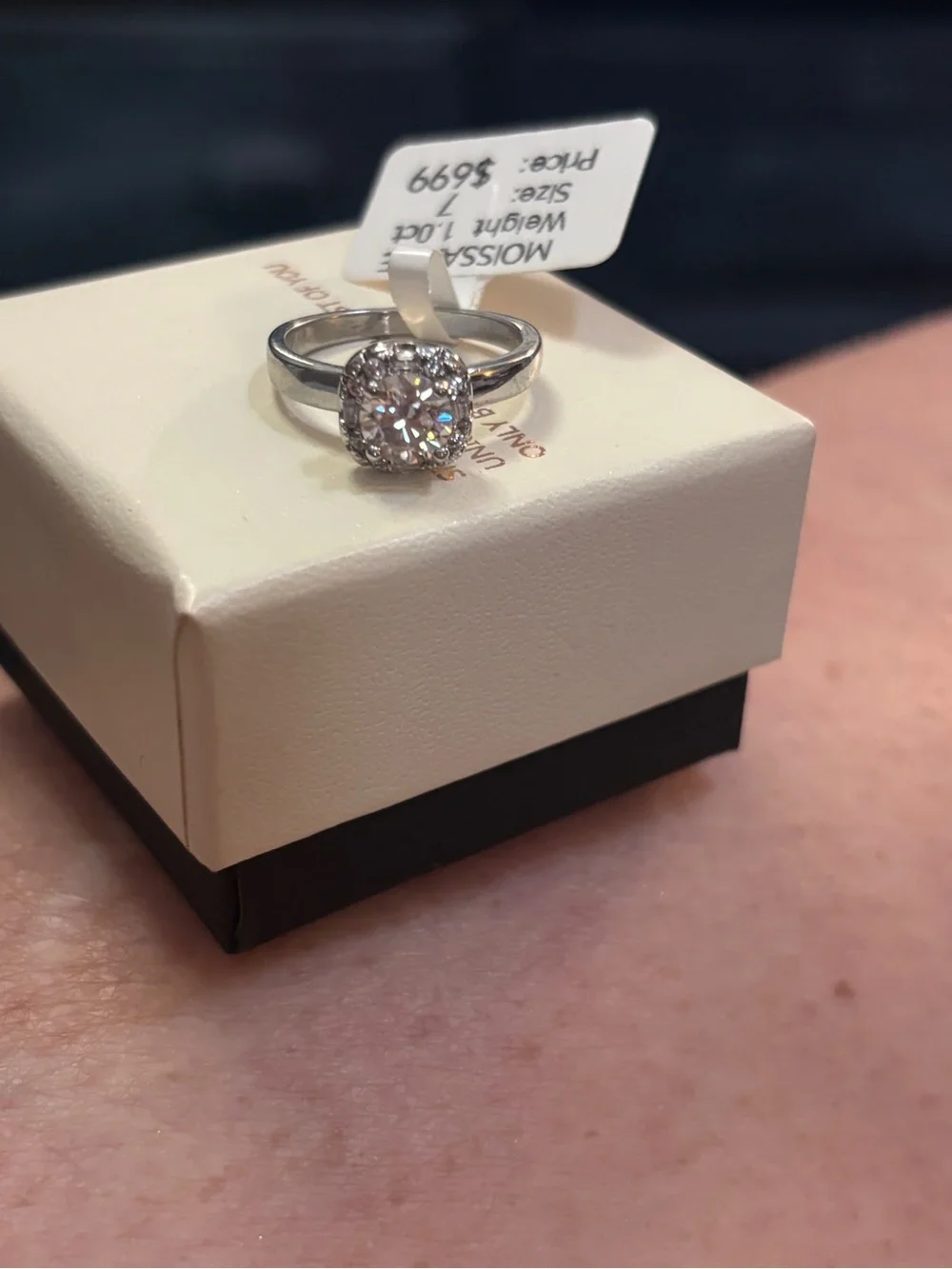 Mossanite Diamond Cushion Halo Solitaire Ring - sterling 1K engagement ring.